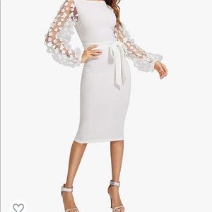 SheIn Women's Elegant Mesh Contrast Bishop Sleeve Bodycon Pencil Dress